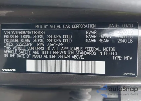 2010 Volvo Xc70 3.2 z USA, uszkodzony, nr VIN YV4960BZ3A1089489